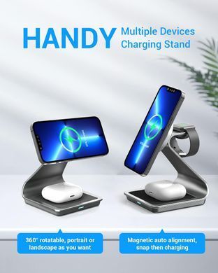 Беспроводная зарядка алюминиевая 3 в 1 для iPhone с MagSafe + Apple Watch + AirPods - Космически серая