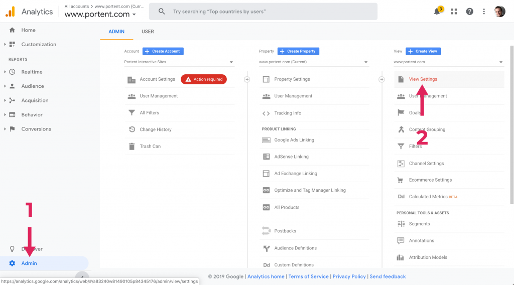 Screenshot of where to find View Settings in Google Analytics Admin.