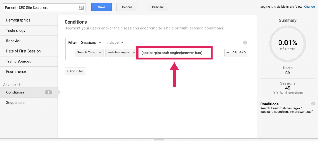 Screenshot showing how to segment users in Google Analytics.