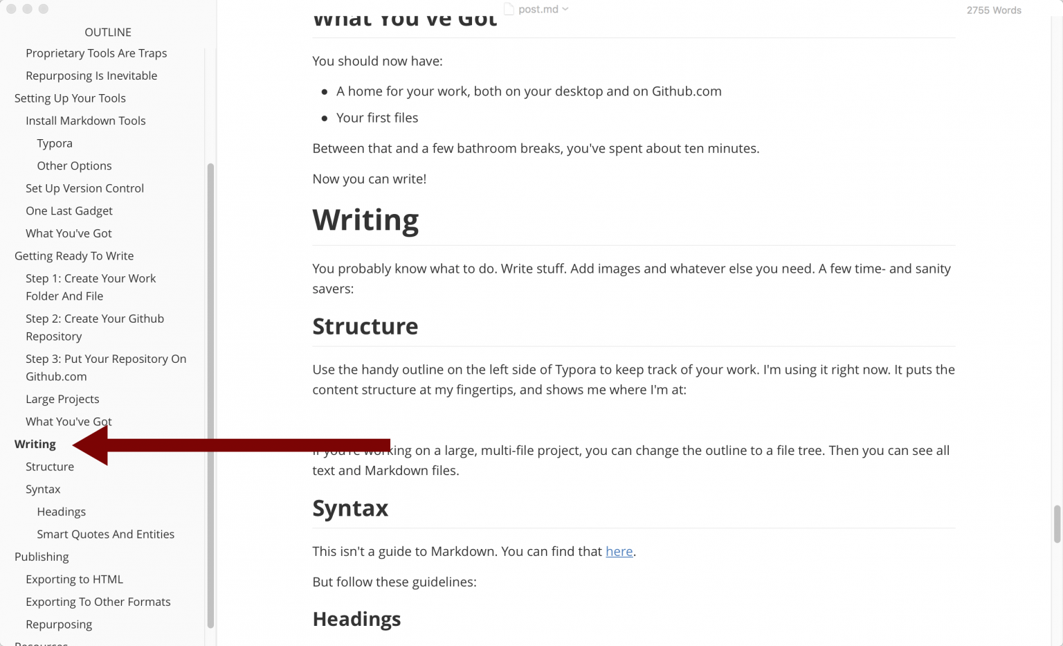 Outline view shows me where I'm at in the content structure