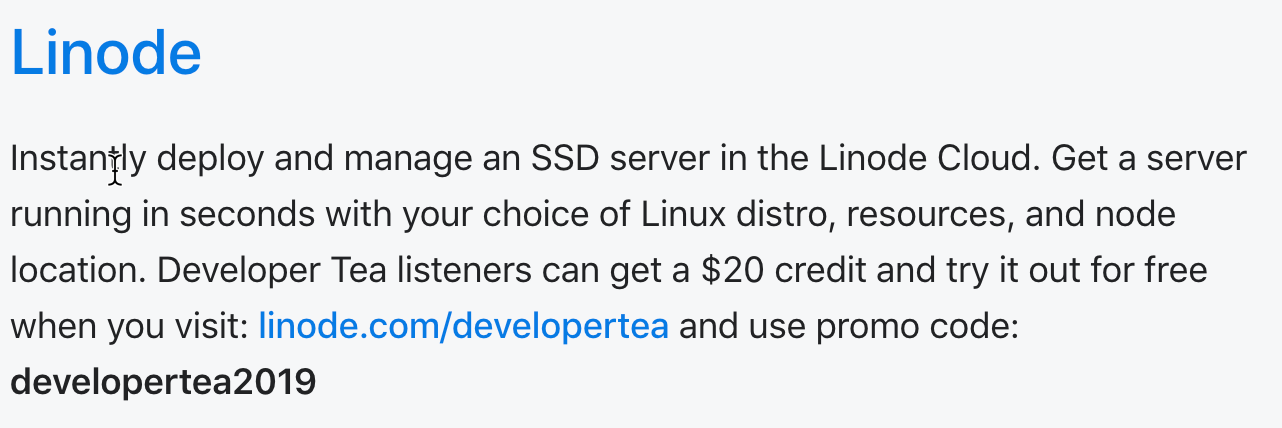 Image: Link to Linode in Developer Tea podcast show notes