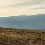 Female runner in open field with mountains in the background