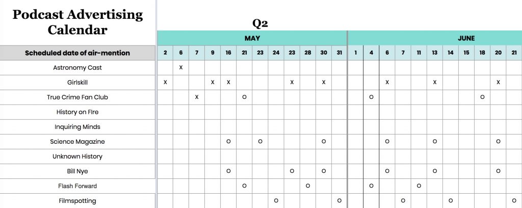 Podcast Advertising Calendar Example