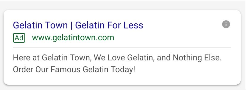 Example of bad ad relevance for an online gelatin retailer