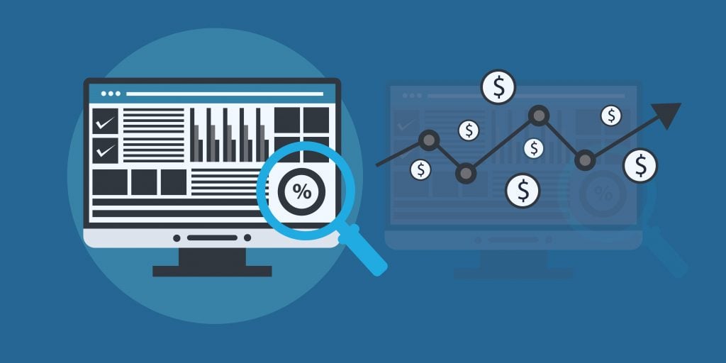 Illustration of a magnifying glass examining data on a computer screen next to a growth chart showing increased revenue