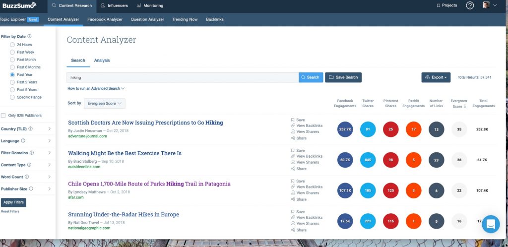 Screenshot of BuzzSumo results for hiking