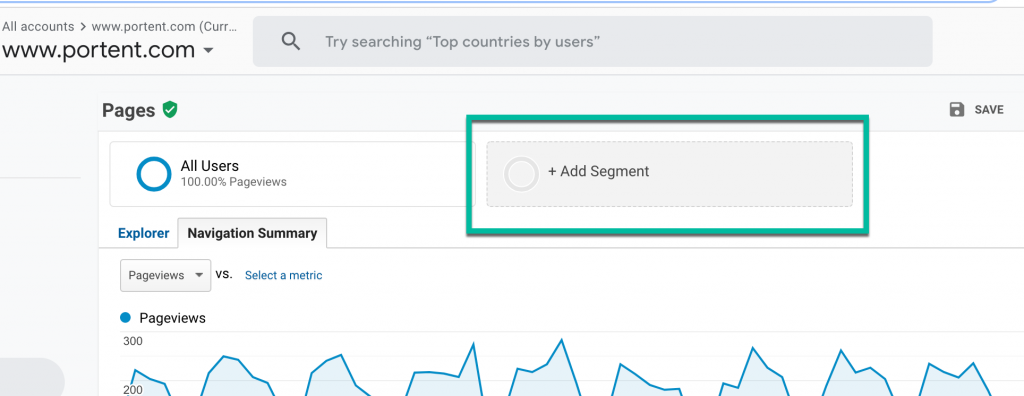 Screenshot showing where to find the add segment button in GA