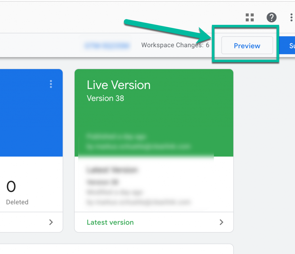 Screenshot showing how to find preview mode in GTM