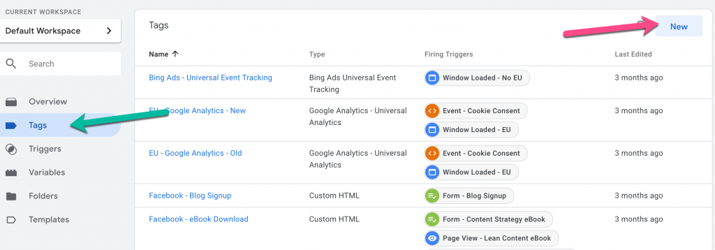 Screenshot showing how to create a new tag in GTM