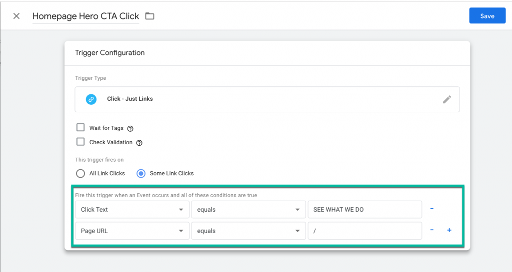 Screenshot showing trigger configuration view in GTM