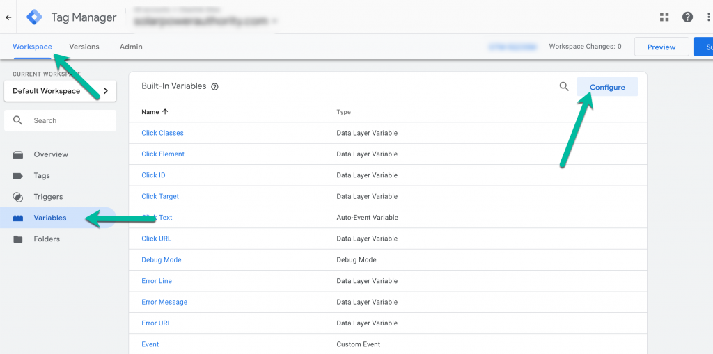 Screenshot showing how to configure workspace variables in GTM