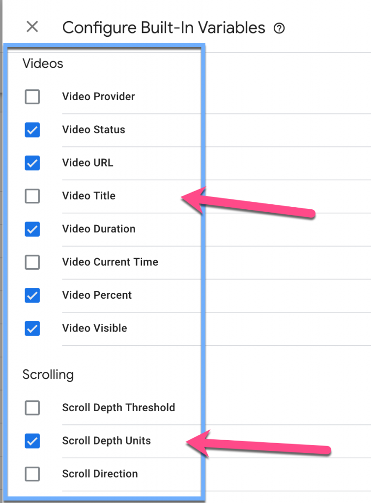 Screenshot showing how to select variables to track in GTM