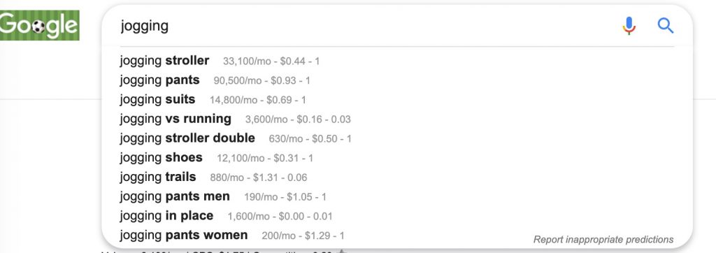 Screenshot of SERPs for Jogging