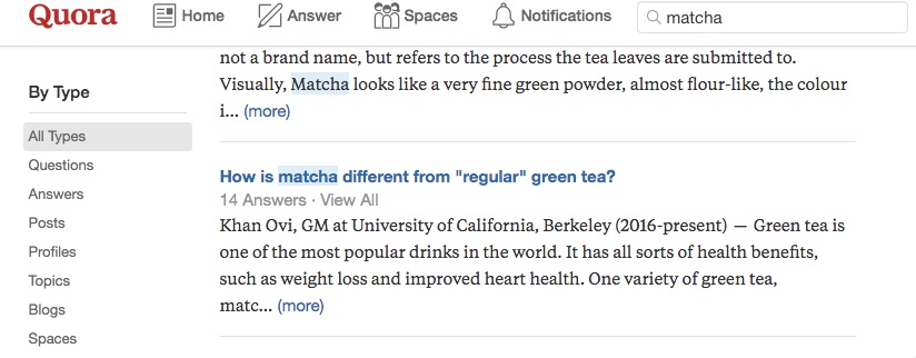 Screenshot of a search for matcha in Quora