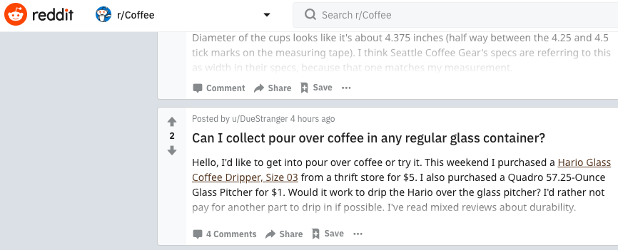 Screenshot of coffee search results in Reddit