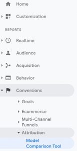 Screenshot showing where to locate the model comparison tool in Google Analytics