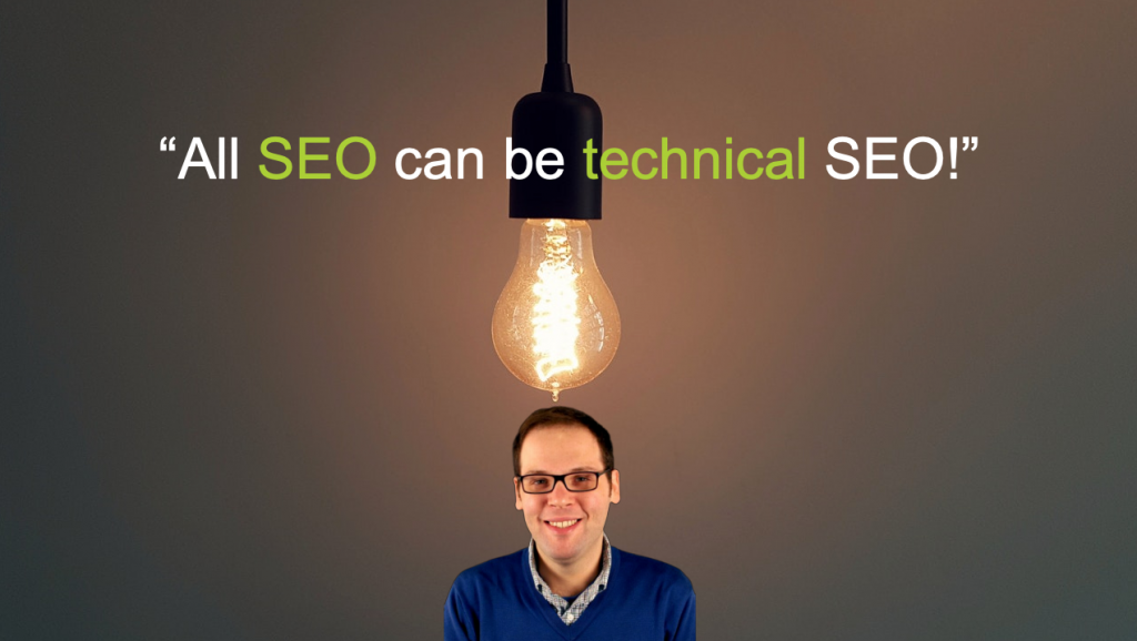 Screenshot of slide from Paul Shapiro's presentation that says "all SEO can be technical SEO"