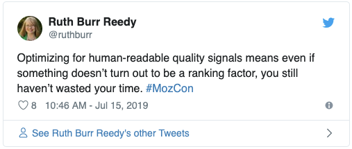 Screenshot of Tweet from Ruth Burr Reedy about human-readable quality signals