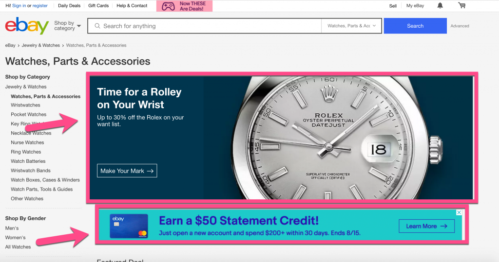 Screenshot example of too many large promotions on Ebay's landing page