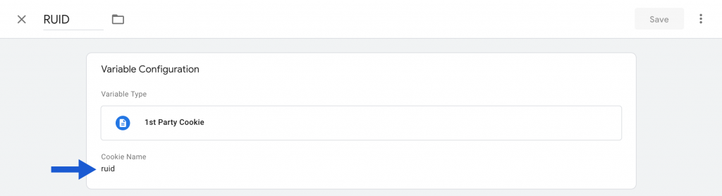 Screenshot of setting a user-defined variable for a RUID cookie in Google Analytics