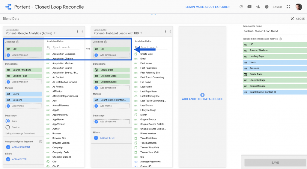 Screenshot example of data blending in Google Data Studio