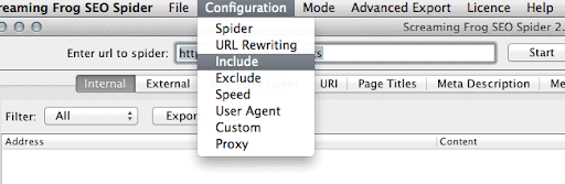 Screenshot showing how to find and select the Include Filter in Screaming Frog