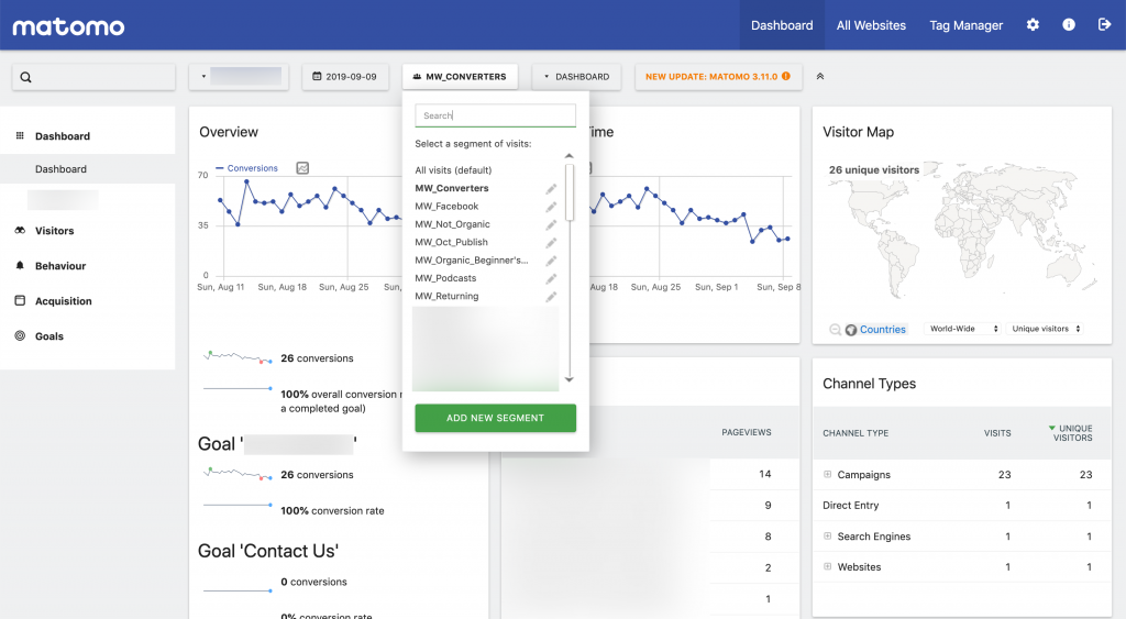 Screenshot showing the segment selection limitations in Matomo