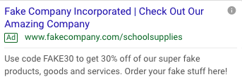 Screenshot of google results demonstrating a generic, non-seasonal fake ad for school supplies