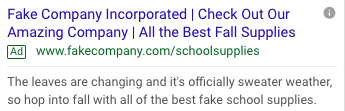 Screenshot of google results demonstrating a customized, seasonal fake ad for school supplies referencing the fallies