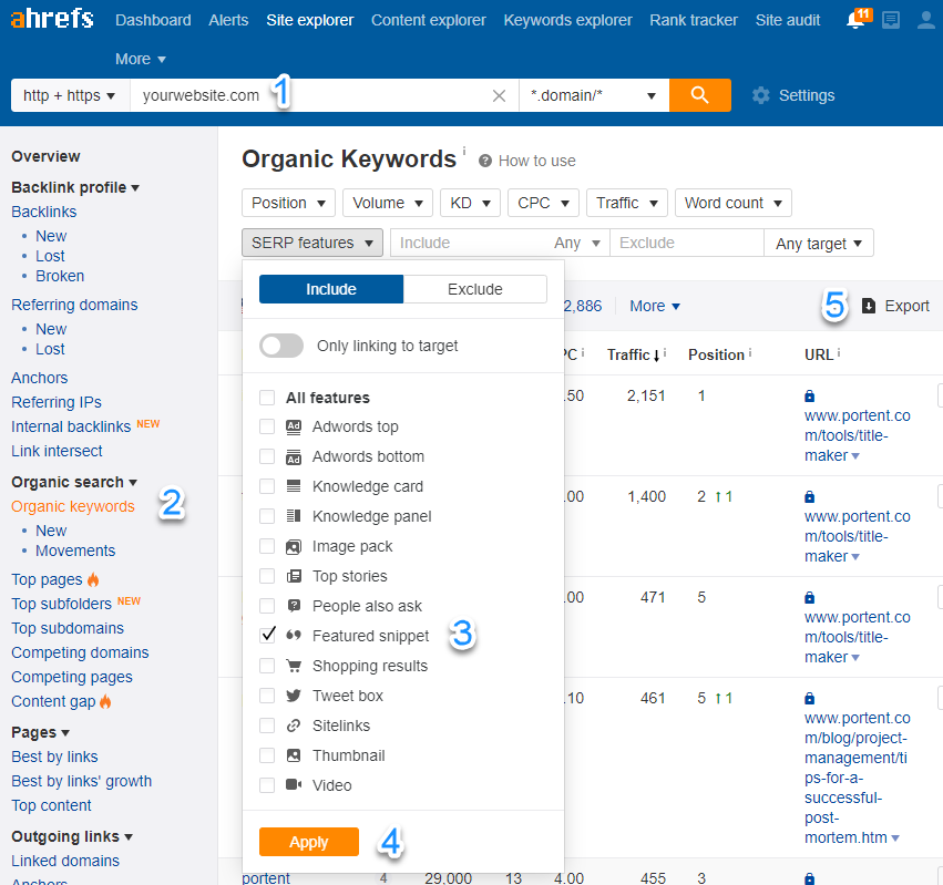 Screenshot showing how to filter for featured snippets in Ahrefs