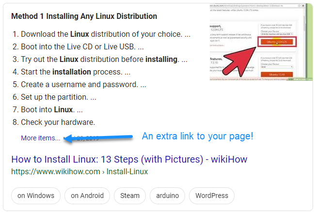 Screenshot of Google search results showing a list snippet with a "more items" link back to your site