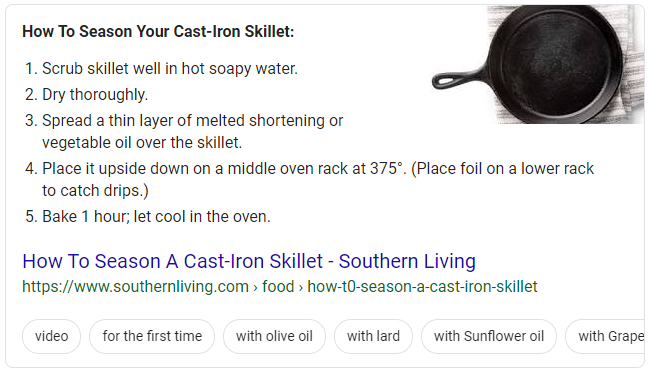 Screenshot of an example of a list snippet search result in Google for instructions to season a cast-iron skillet