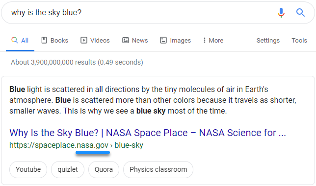 Screenshot of Google search results for the query "why is the sky blue?" showing that NASA has the featured snippet