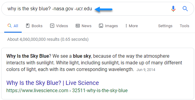 Screenshot of Google search results for the query "why is the sky blue?" excluding nasa.gov and ucr.edu showing that the site Live Science is also being considered for the featured snippet