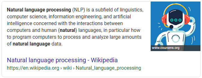 Screenshot of an example of a paragraph snippet search result in Google for Natural Language Processing