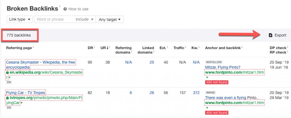 Screenshot showing broken backlinks search results on Ahrefs with arrow showing how to export data