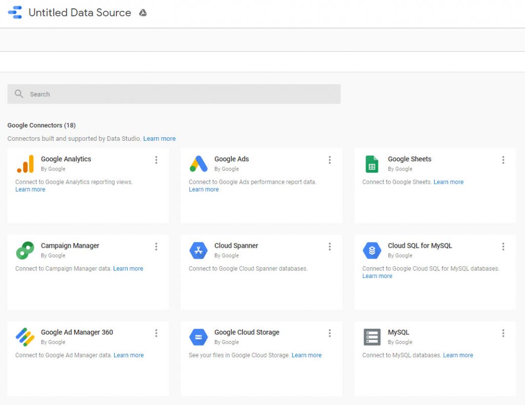 Screenshot of available Google Connectors in GDS