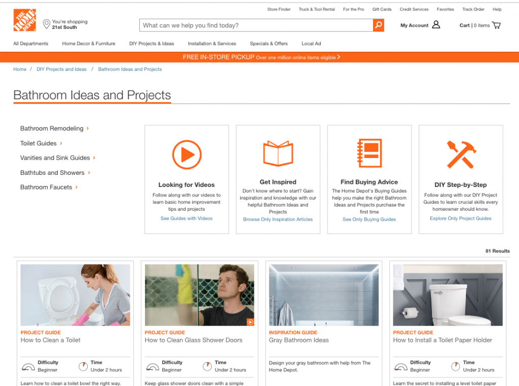 Screenshot of Home Depot's "Bathroom Ideas and Projects" hub that features a variety of links to videos, blog articles, and guides for related projects.