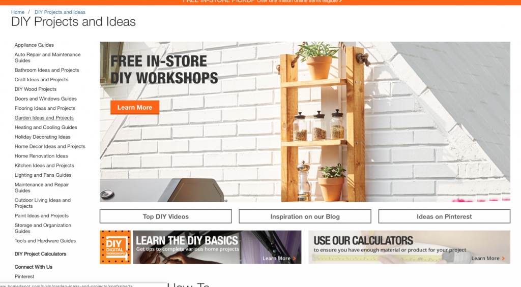 Screenshot of Home Depot's DIY Projects and Ideas landing page