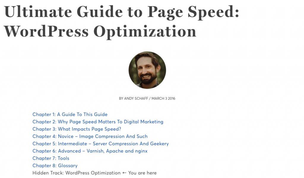 Screenshot of Portent blog post: Ultimate Guide to Page Speed that uses an linked table of contents as a mini-hub for the article