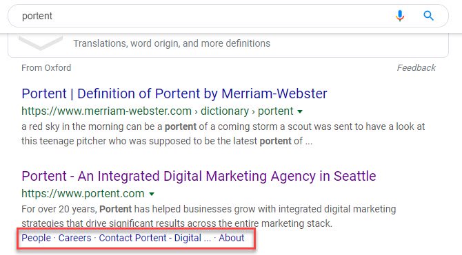 Screenshot of the SERP for "portent" with a box drawn around the sitelinks that Google automatically generated