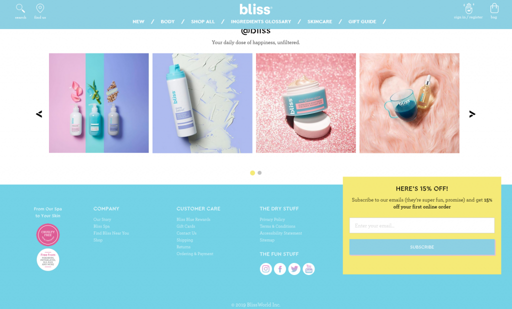 Screenshot of Bliss Cosmetics website with a low contrast footer