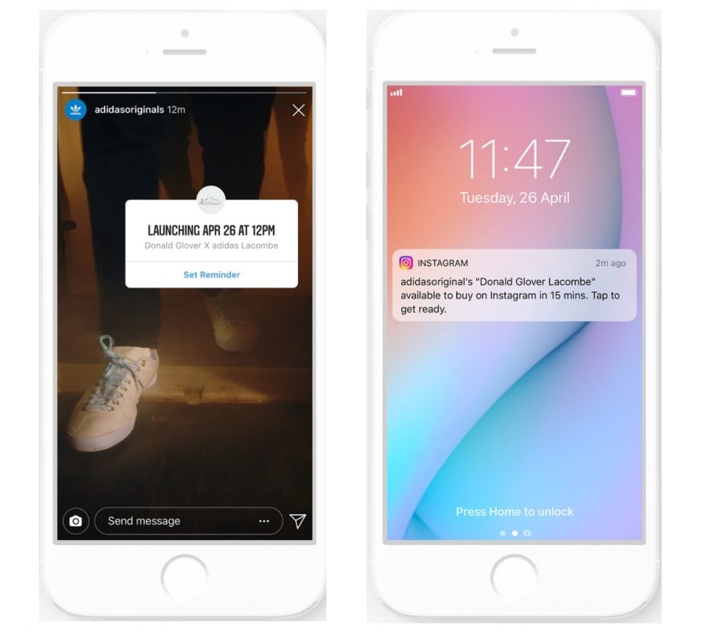 Two screenshots showing how mobile reminders for product launches work