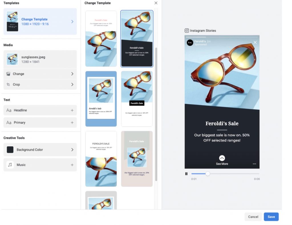 Screenshot showing how to use Instagram story advertising templates