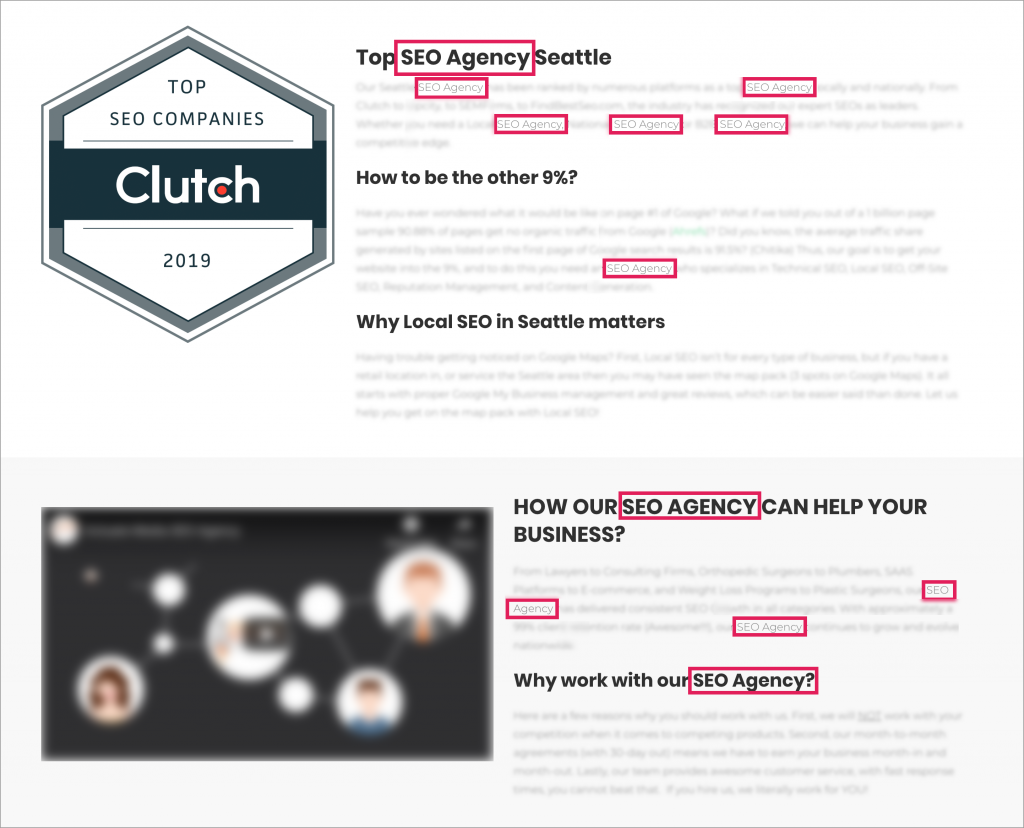 Screenshot of an SEO agency's landing page with red boxes around 12 instances of the keywords "SEO Agency"