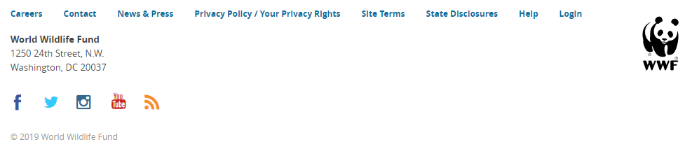 Screenshot of the WWF's website footer showing easy to read blue text on a white background, clear of clutter, and concise.
