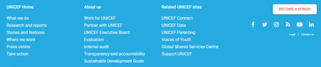 Screenshot of Unicef's website footer showing easy to read white text on a blue background, clear of clutter, and concise.