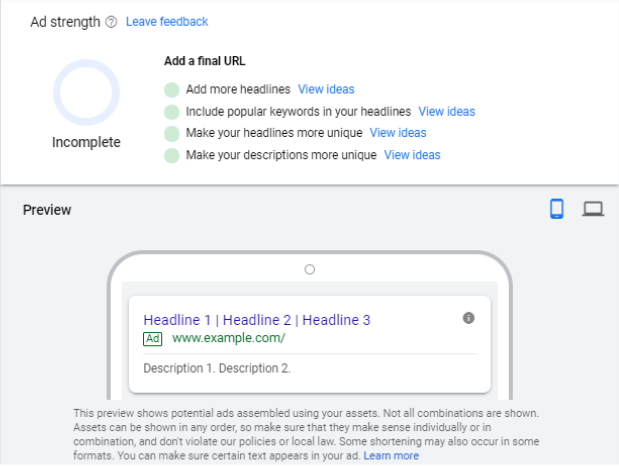 Screenshot of the ad preview field in Google Ads