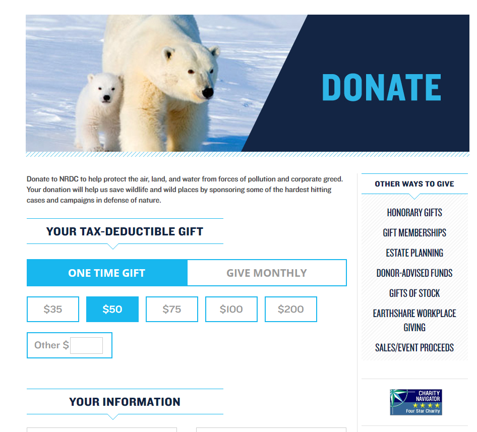 Screenshot of the donation form experience on NRDC's website