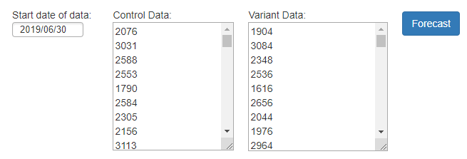 In this screenshot you can see which fields in Distilled's split testing tool you enter the start date, control, and variant data before hitting the "forecast" button